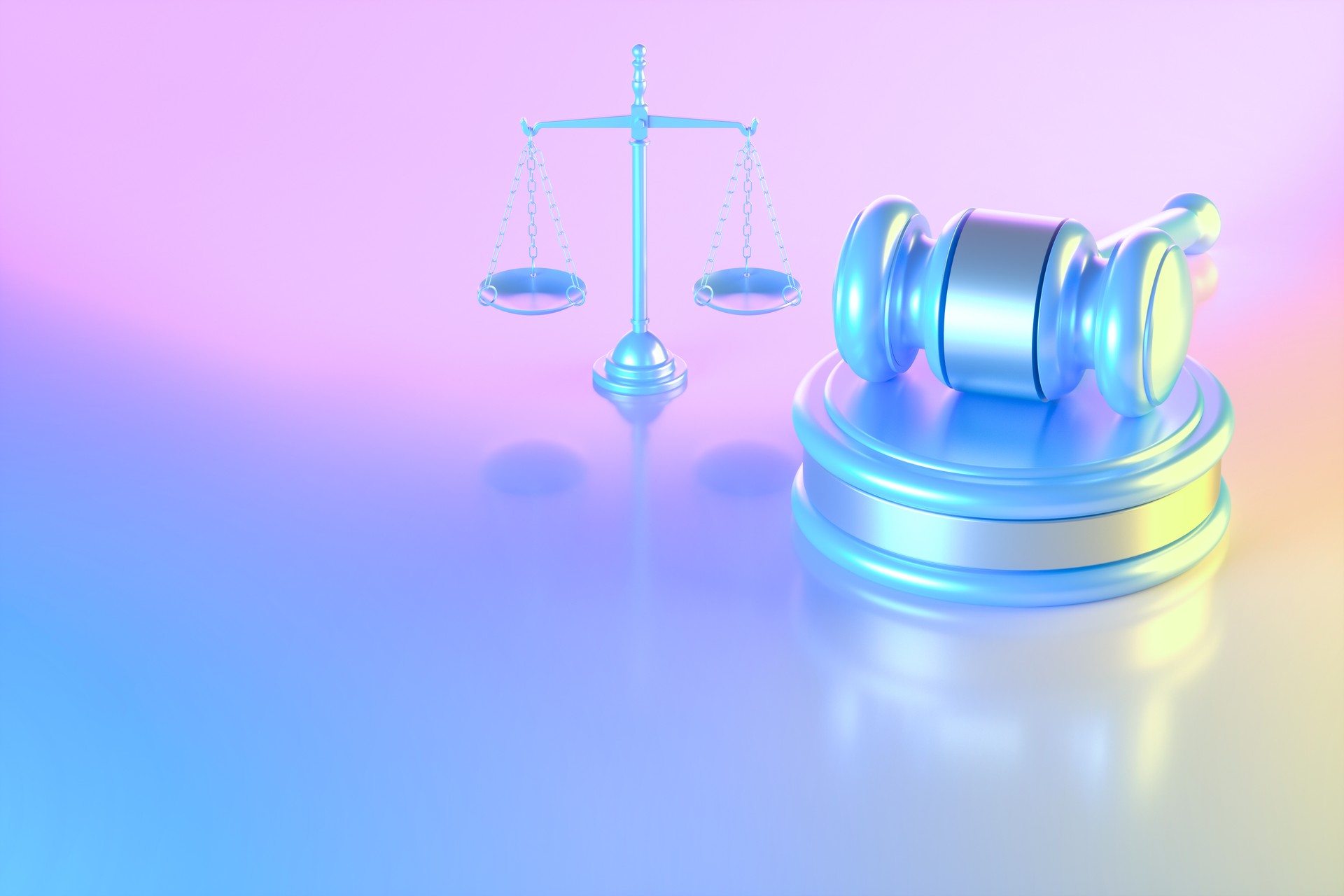 A gavel and scales of justice illuminated by neon lights in blue, pink, and yellow, symbolising the fair and impartial investigation of corruption through audits.